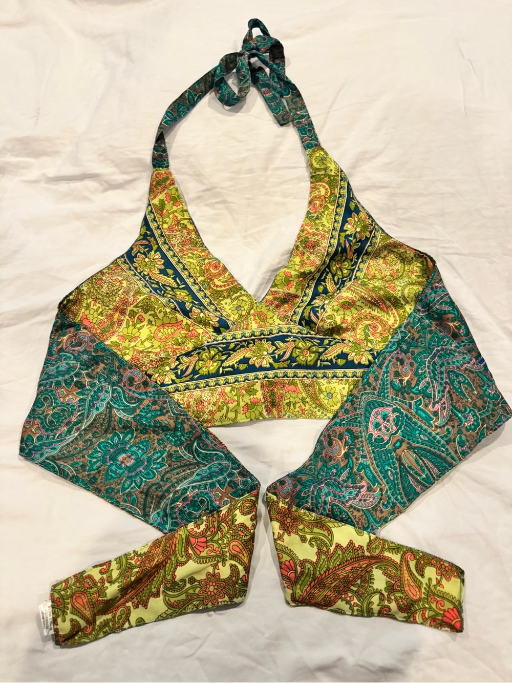 Reversible Paisley Halter Wrap Crop Top in Green and Teal